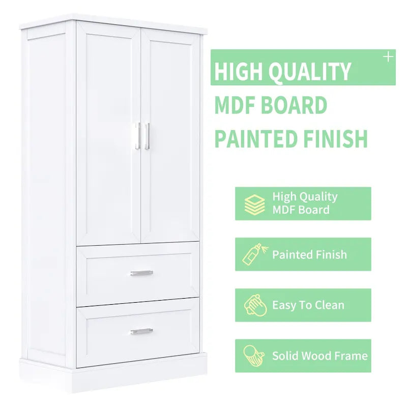 Tall Bathroom Storage Cabinet Cabinet with Two Doors and Drawers Adjustable Shelf MDF Board
