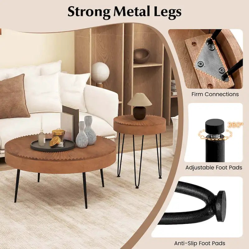 Costway Farmhouse Round CoffeeTable Set of 2 End Table Natural Finish - See Details