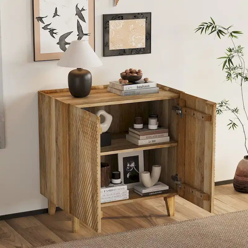 Rustic Wood Accent Cabinet,Fluted Design,Adjustable Shelf,Storage