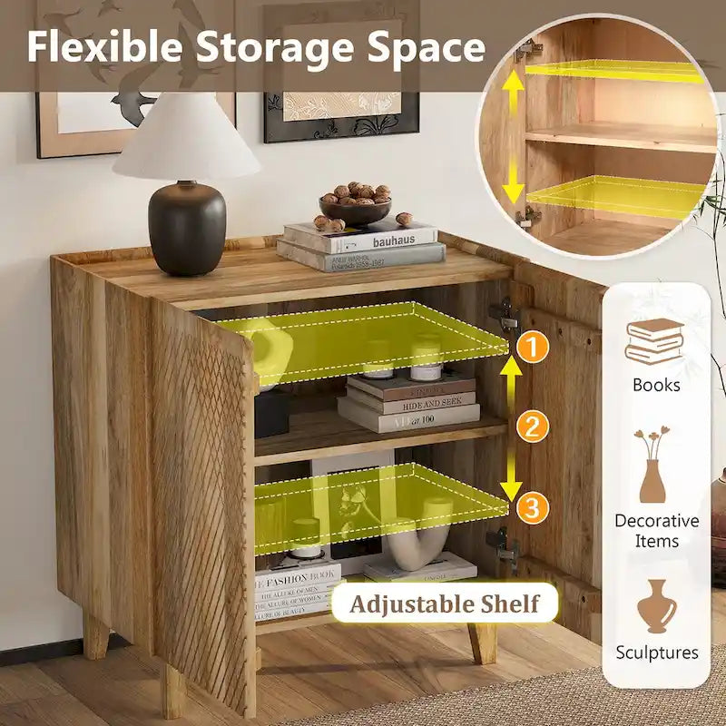 Rustic Wood Accent Cabinet,Fluted Design,Adjustable Shelf,Storage