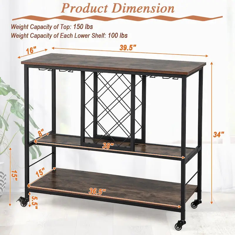 Gymax Industrial Liquor Bar Cart Rolling Kitchen Serving Cart w/ Wine