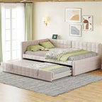 Full Size Upholstered Daybed with Twin Size Pop Up Trundle and USB Ports, Modern Daybed Frame Sofa Bed with L-Shaped Backrest