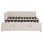 Full Size Upholstered Daybed with Twin Size Pop Up Trundle and USB Ports, Modern Daybed Frame Sofa Bed with L-Shaped Backrest