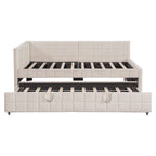 Full Size Upholstered Daybed with Twin Size Pop Up Trundle and USB Ports, Modern Daybed Frame Sofa Bed with L-Shaped Backrest