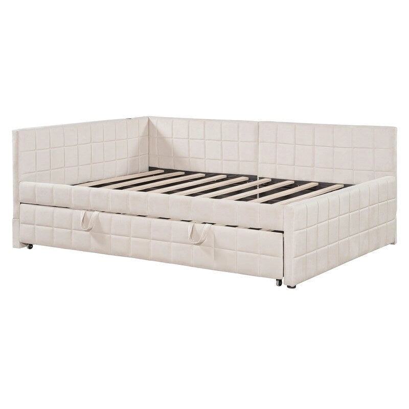 Full Size Upholstered Daybed with Twin Size Pop Up Trundle and USB Ports, Modern Daybed Frame Sofa Bed with L-Shaped Backrest