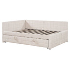 Full Size Upholstered Daybed with Twin Size Pop Up Trundle and USB Ports, Modern Daybed Frame Sofa Bed with L-Shaped Backrest