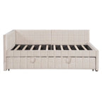 Full Size Upholstered Daybed with Twin Size Pop Up Trundle and USB Ports, Modern Daybed Frame Sofa Bed with L-Shaped Backrest