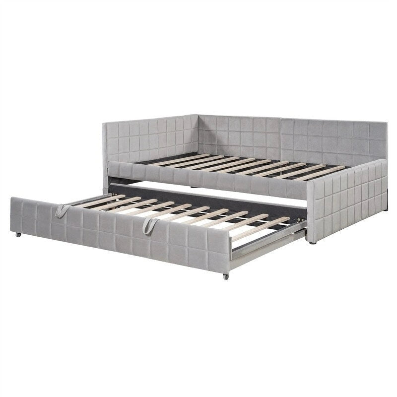 Full Size Upholstered Daybed with Twin Size Pop Up Trundle and USB Ports, Modern Daybed Frame Sofa Bed with L-Shaped Backrest