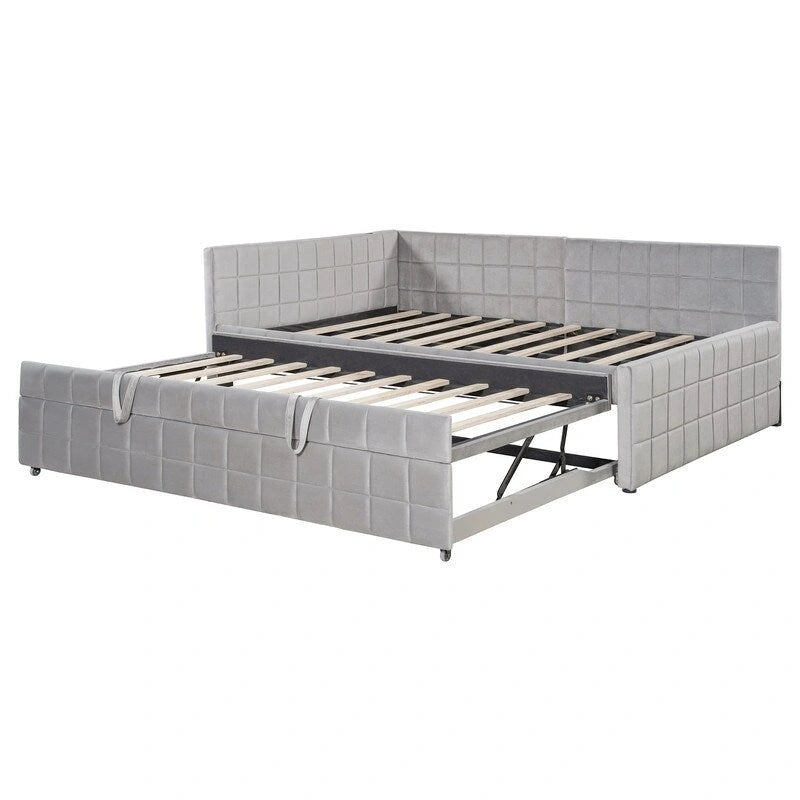 Full Size Upholstered Daybed with Twin Size Pop Up Trundle and USB Ports, Modern Daybed Frame Sofa Bed with L-Shaped Backrest