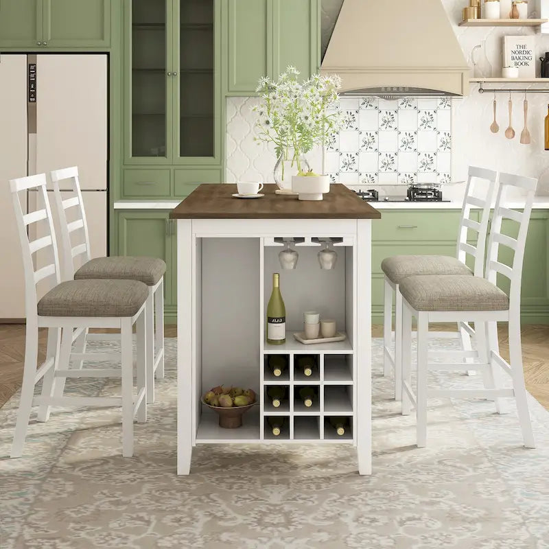 Multi-Functional Counter Height Dining Set Kitchen Bar Dining Table Set with 9 Wine Compartment Wine Glass Holders for Kitchen