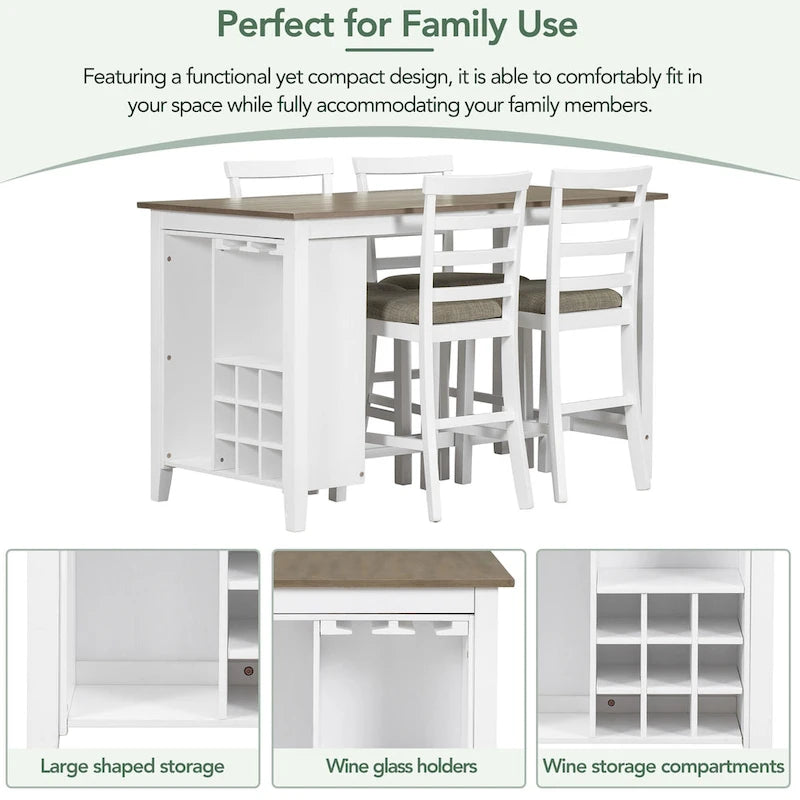 Multi-Functional Counter Height Dining Set Kitchen Bar Dining Table Set with 9 Wine Compartment Wine Glass Holders for Kitchen