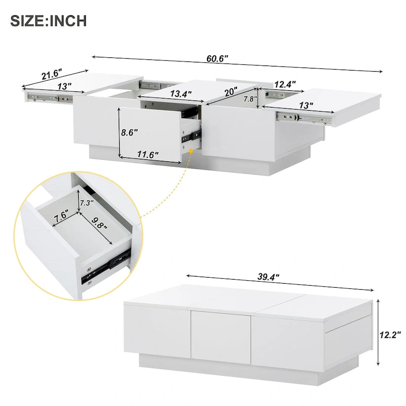 Modern Stylish Coffee Table Extendable Coffee Table with 2 Large Storage Compartments 2 Drawers, for Living Room