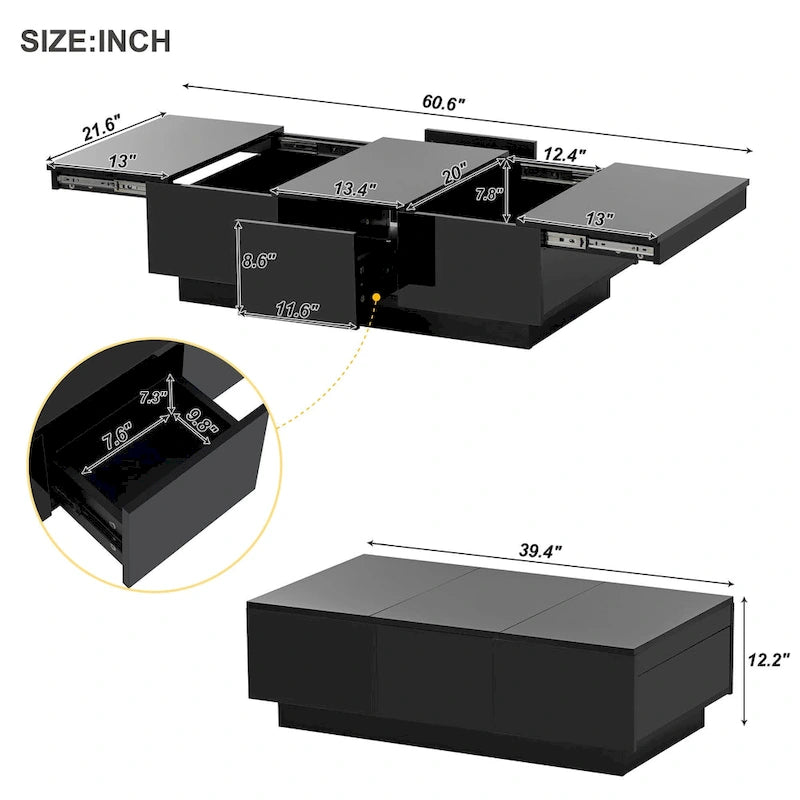 Modern Stylish Coffee Table Extendable Coffee Table with 2 Large Storage Compartments 2 Drawers, for Living Room
