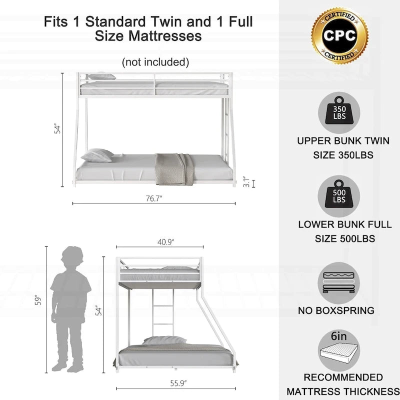 Sturdy Metal White Bunk Bed for Kids and Adults with Multiple Safety Features