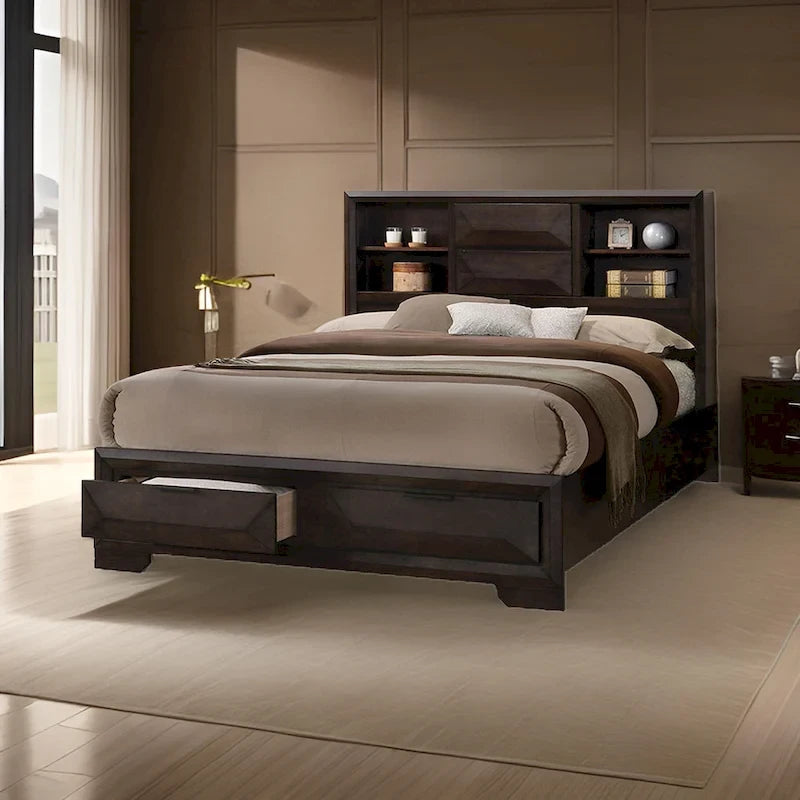Costa King Size Bed, Bookcase Headboard, 2 Drawers, Dark Brown Solid Wood