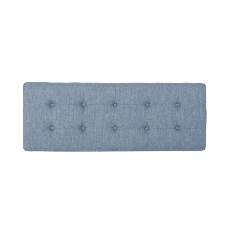 Liba Ottoman Bench, Button Tufted Light Blue Fabric, Black, 47 Inch