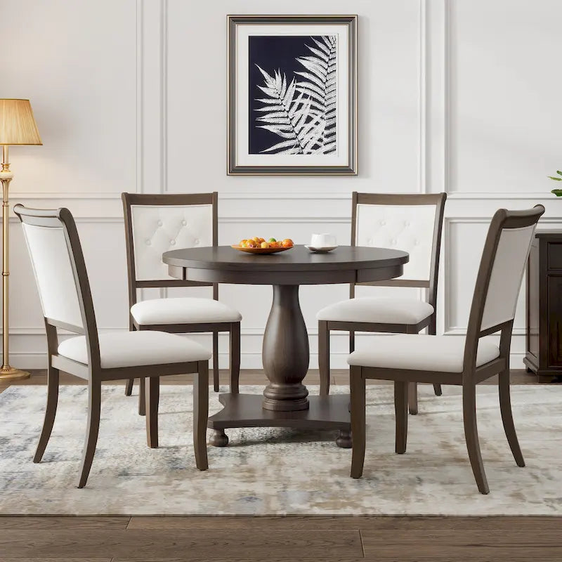 5 Piece Dining Table Set, Solid Wood Kitchen Dining Room Table Set with Round Dining Table and 4 Upholstered Chairs