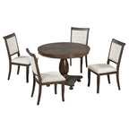 5 Piece Dining Table Set, Solid Wood Kitchen Dining Room Table Set with Round Dining Table and 4 Upholstered Chairs