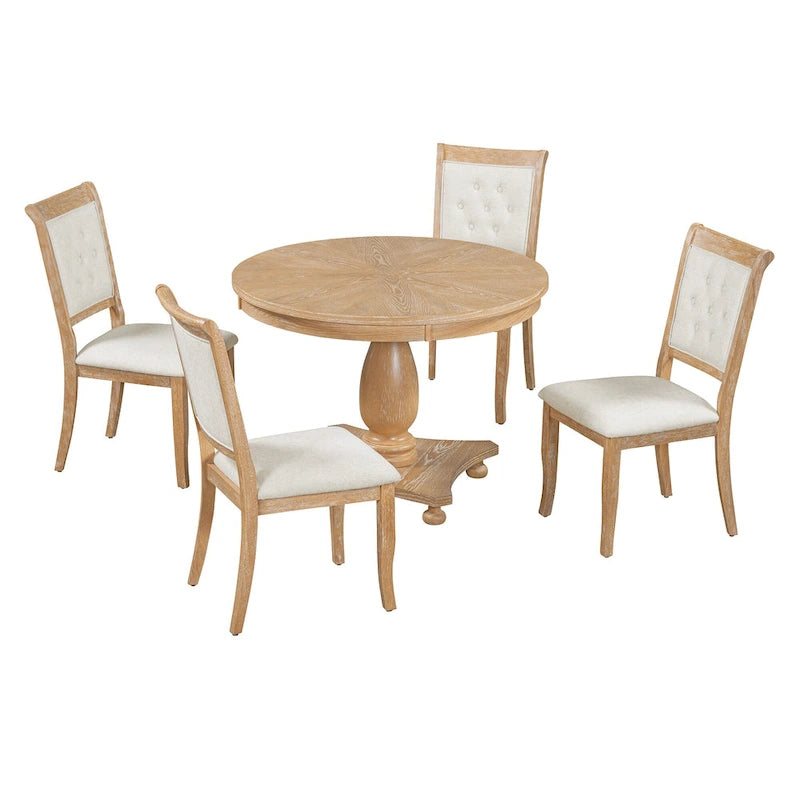 5 Piece Dining Table Set, Solid Wood Kitchen Dining Room Table Set with Round Dining Table and 4 Upholstered Chairs
