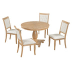 5 Piece Dining Table Set, Solid Wood Kitchen Dining Room Table Set with Round Dining Table and 4 Upholstered Chairs