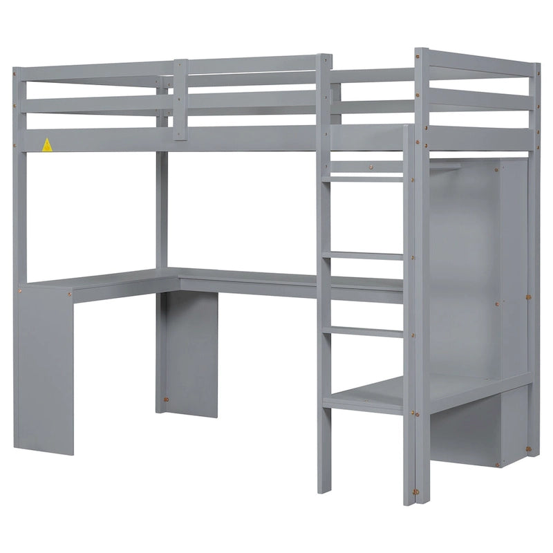 Twin Size Loft Bed Frame with L Shaped Desk, Wardrobe and Shelves