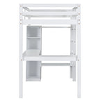 Twin Size Loft Bed Frame with L Shaped Desk, Wardrobe and Shelves