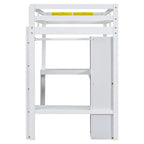 Twin Size Loft Bed Frame with L Shaped Desk, Wardrobe and Shelves