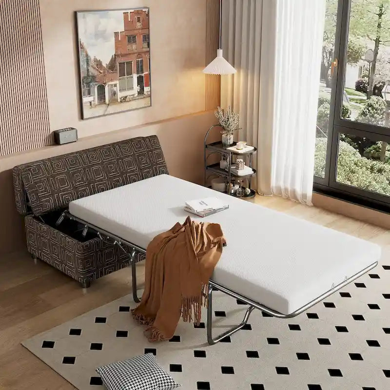 Roomfitters Twin Size Folding Ottoman Sleeper Bed with Mattress, Compact Convertible Guest Bed for Living Room