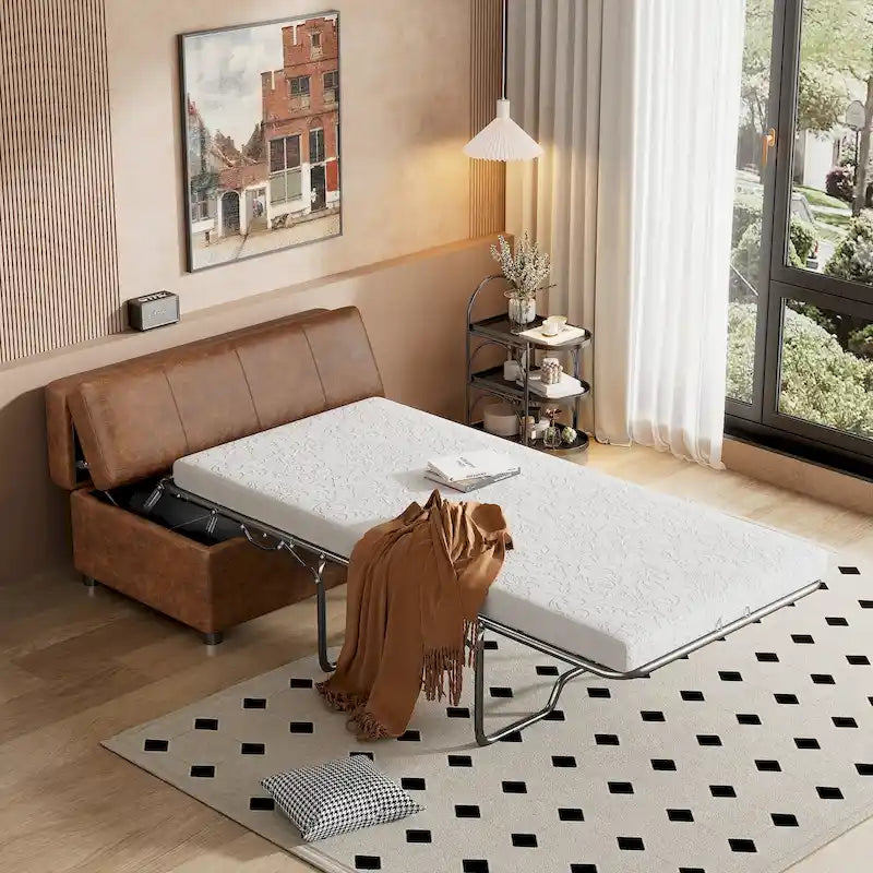 Roomfitters Twin Size Folding Ottoman Sleeper Bed with Mattress, Compact Convertible Guest Bed for Living Room