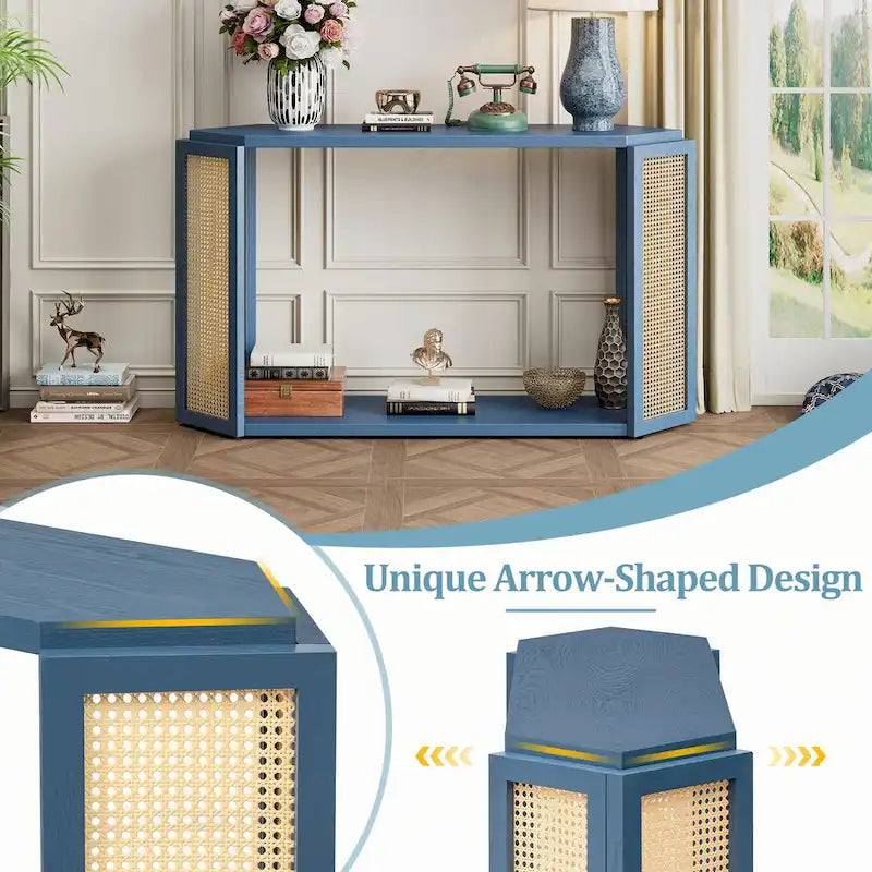 Narrow Console Table with Open Shelf,Antique Blue