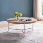 36.5 Modern Round Coffee Table with Wooden Top and Sleek Stainless-Steel Base for Living Room - 36.5L x 36.5W x 16.5H