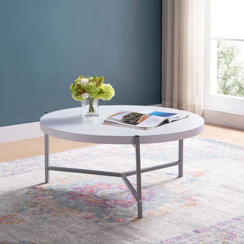 36.5 Modern Round Coffee Table with Wooden Top and Sleek Stainless-Steel Base for Living Room - 36.5L x 36.5W x 16.5H