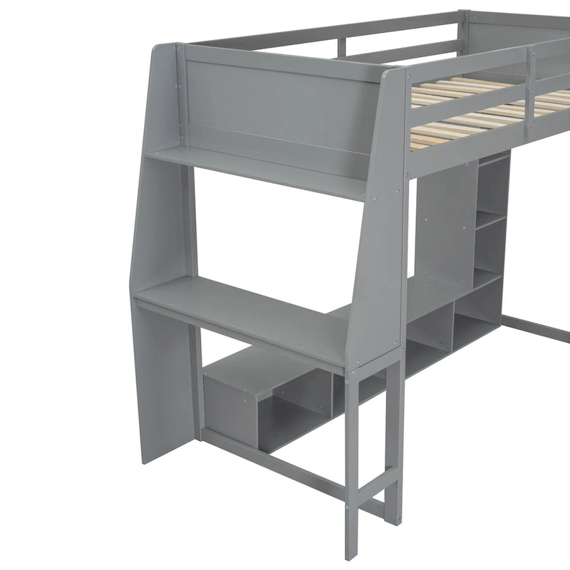 Twin Size Loft Bed Mulfunctional Wood Loft Bed w/Desk, Multi-storage Shelves, LED and Hanging Clothes Rack, No Box Spring Needed