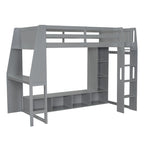Twin Size Loft Bed Mulfunctional Wood Loft Bed w/Desk, Multi-storage Shelves, LED and Hanging Clothes Rack, No Box Spring Needed