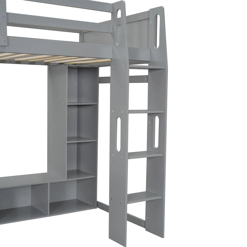 Twin Size Loft Bed Mulfunctional Wood Loft Bed w/Desk, Multi-storage Shelves, LED and Hanging Clothes Rack, No Box Spring Needed