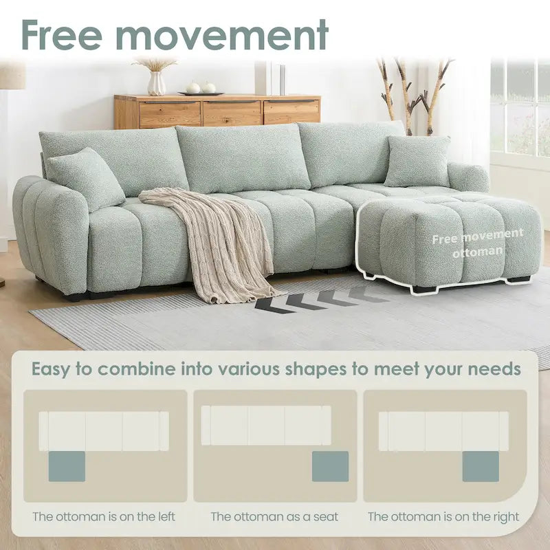 100 L-Shaped Sofa Boucle Fabric Couch with Movable Ottoman