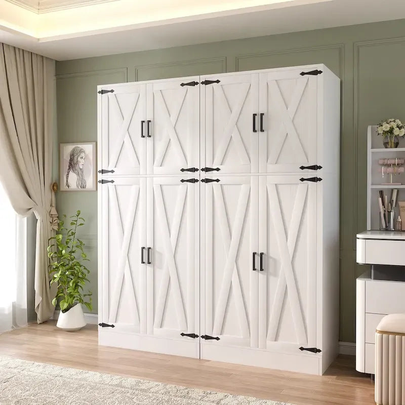 Rackcog Wooden Wardrobe with Barn Doors, Farmhouse Closet Storage Cabinet with Hanging Rod