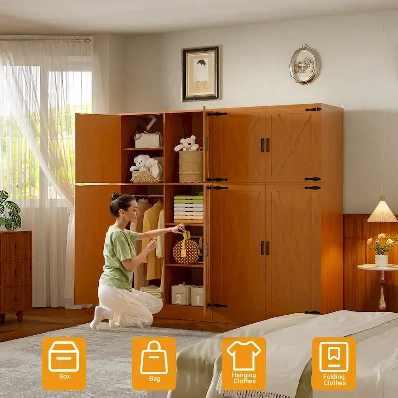 Rackcog Wooden Wardrobe with Barn Doors, Farmhouse Closet Storage Cabinet with Hanging Rod
