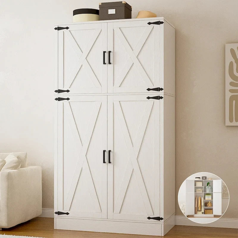 Rackcog Wooden Wardrobe with Barn Doors, Farmhouse Closet Storage Cabinet with Hanging Rod