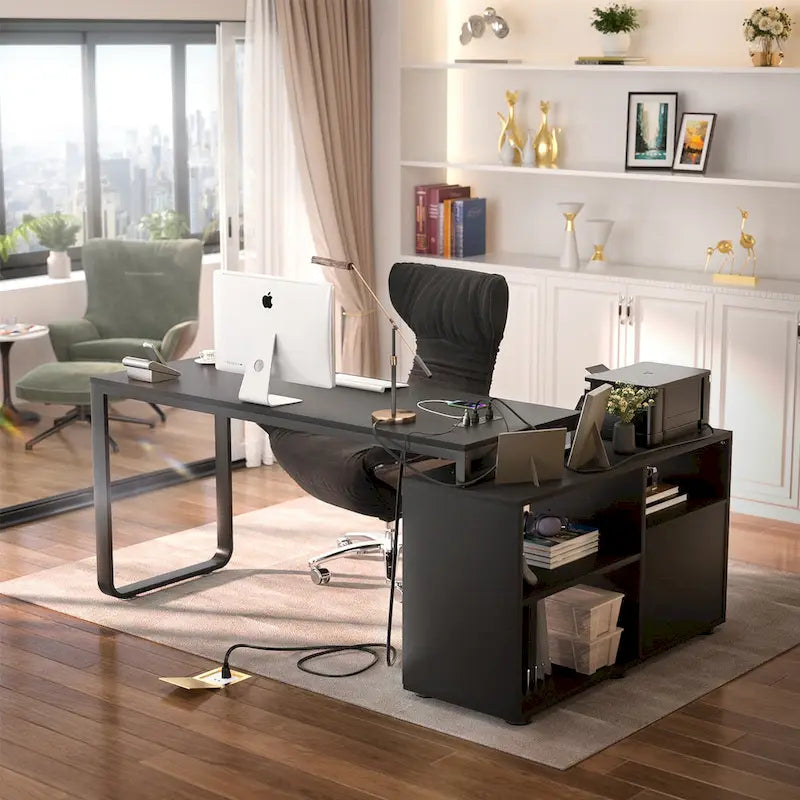 Reversible 55 L Shaped Desk with File Cabinet & Power Outlet,Corner Computer Desks with LED Strip  Drawer