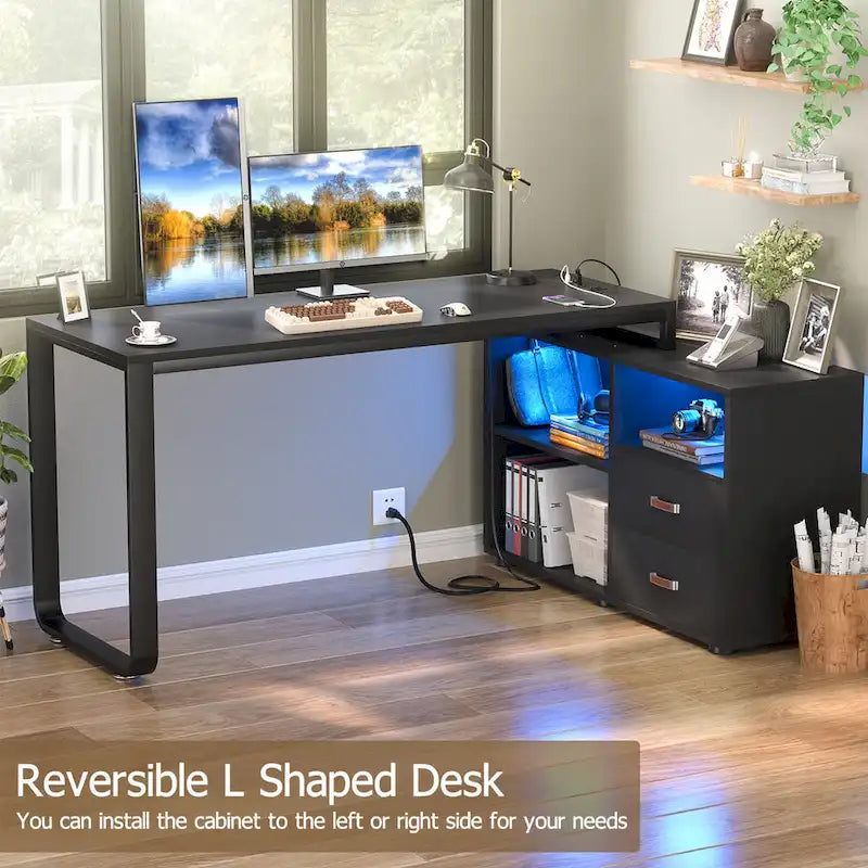 Reversible 55 L Shaped Desk with File Cabinet & Power Outlet,Corner Computer Desks with LED Strip  Drawer
