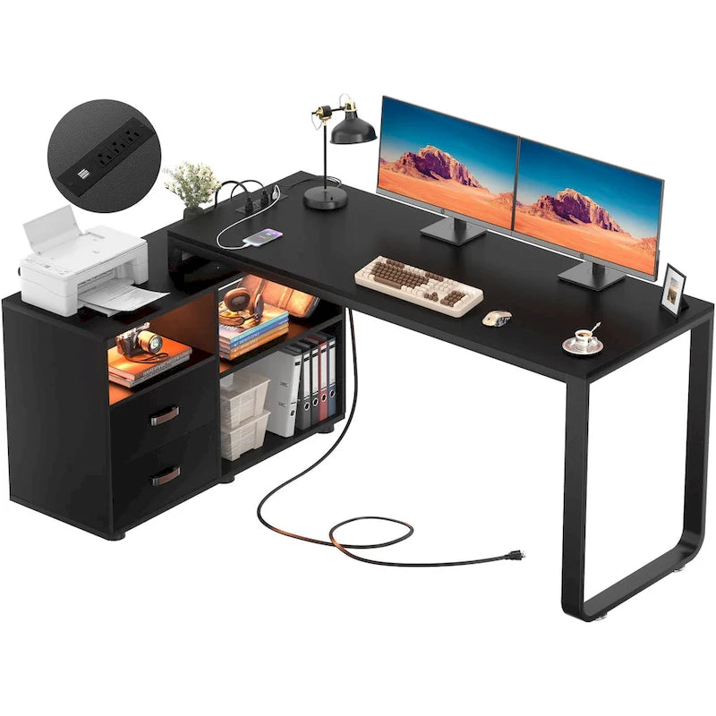 Reversible 55 L Shaped Desk with File Cabinet & Power Outlet,Corner Computer Desks with LED Strip  Drawer