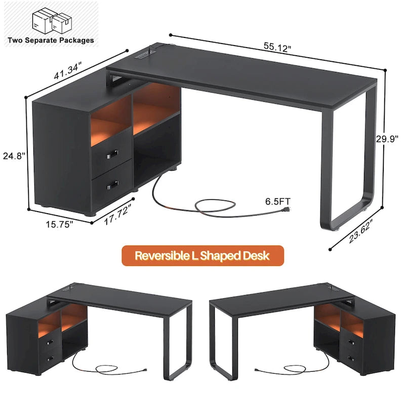Reversible 55 L Shaped Desk with File Cabinet & Power Outlet,Corner Computer Desks with LED Strip  Drawer