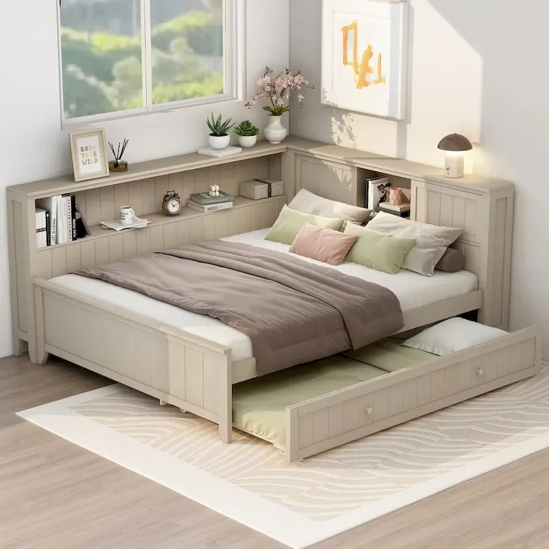 Antique White L-Shaped Full Daybed with Storage Shelves, Sliding Door Compartments & Hidden Trundle
