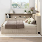Antique White L-Shaped Full Daybed with Storage Shelves, Sliding Door Compartments & Hidden Trundle
