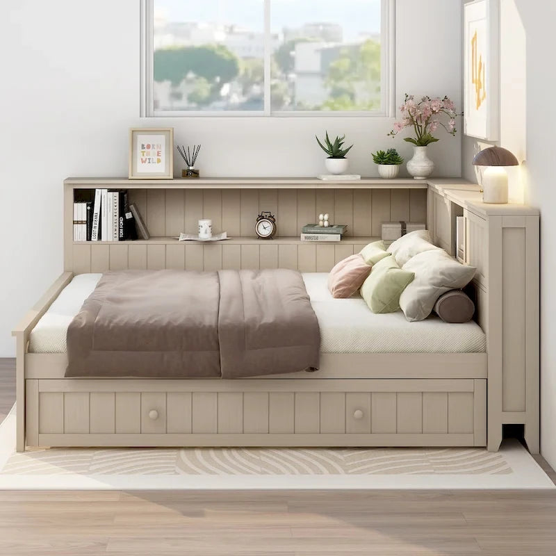 Antique White L-Shaped Full Daybed with Storage Shelves, Sliding Door Compartments & Hidden Trundle