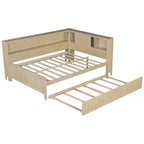 Antique White L-Shaped Full Daybed with Storage Shelves, Sliding Door Compartments & Hidden Trundle