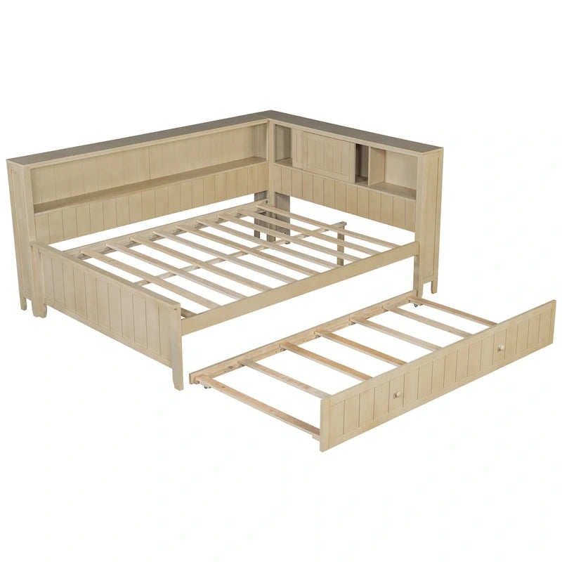 Antique White L-Shaped Full Daybed with Storage Shelves, Sliding Door Compartments & Hidden Trundle