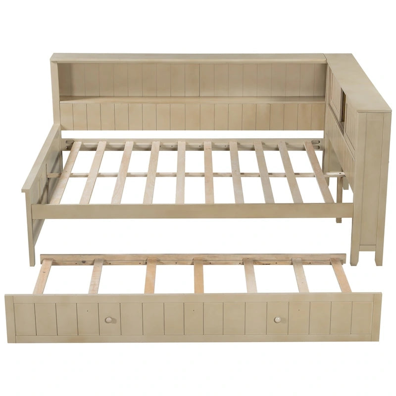 Antique White L-Shaped Full Daybed with Storage Shelves, Sliding Door Compartments & Hidden Trundle