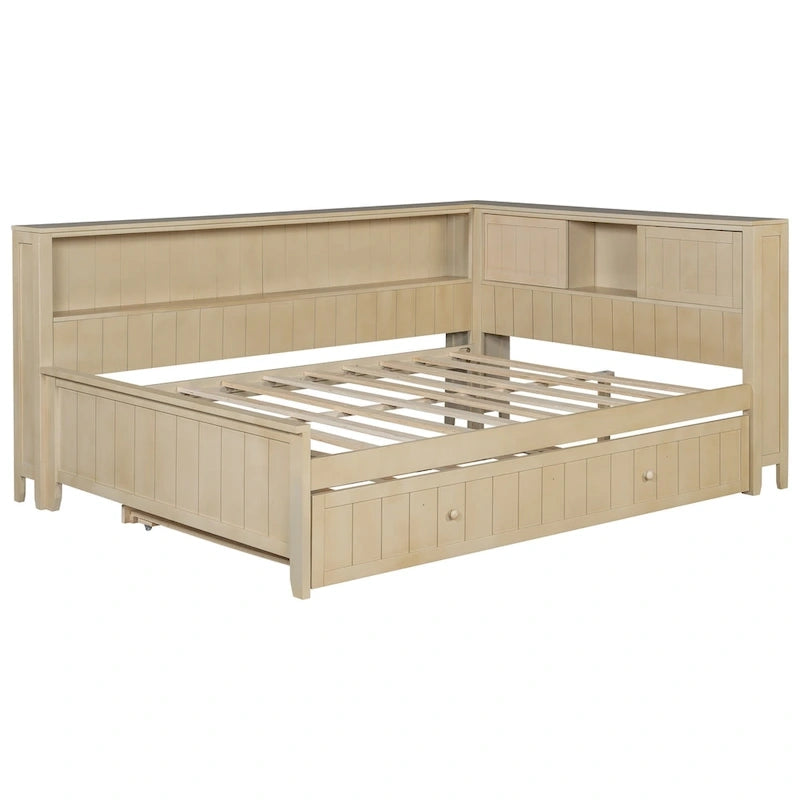 Antique White L-Shaped Full Daybed with Storage Shelves, Sliding Door Compartments & Hidden Trundle